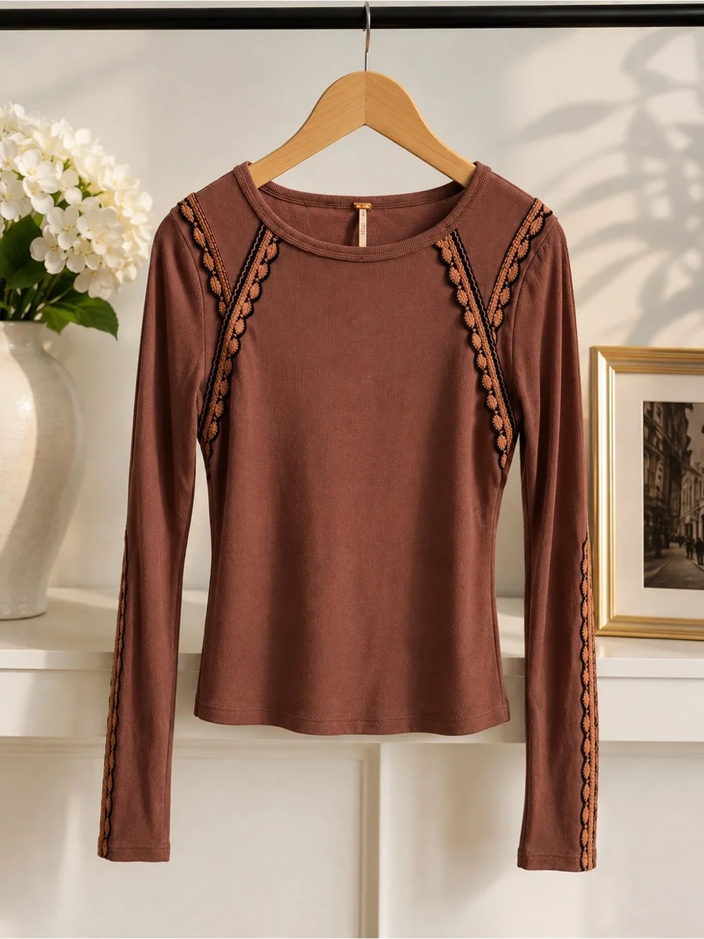 Free People Brown Embellished Long Sleeve Crewneck Top